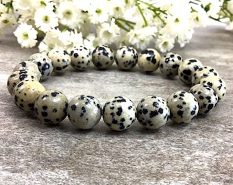 10mm Natural Dalmatian Jasper bracelet, Healing Crystal Elastic Bracelet, Anxiety relief protection balancing stretchy bracelet, Men Women