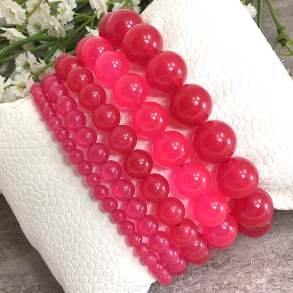 Hot Pink Jade Bracelet, Stretchy Bracelet, Healing Pray Stone Jewelry Woman, Good Luck Bracelet, Holiday Gift 4mm 6mm 8mm 10mm 12mm