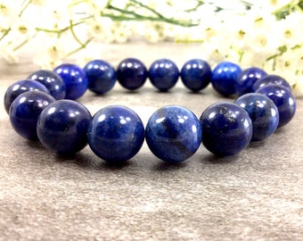 12mm Blue Lapis Lazuli  Bracelet  Healing Anxiety Relief Balancing Calming Stretchy Round Bead Bracelet For Women