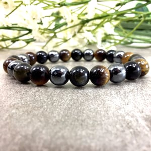 Premium Tiger Eye Black Obsidian Hematite Stretchy Triple Protection Bracelet Handmade 8mm Round Beads Stretch Bracelet