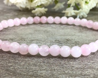 Pink Rose Quartz Beaded Bracelet, 4mm Round Crystal Jewelry