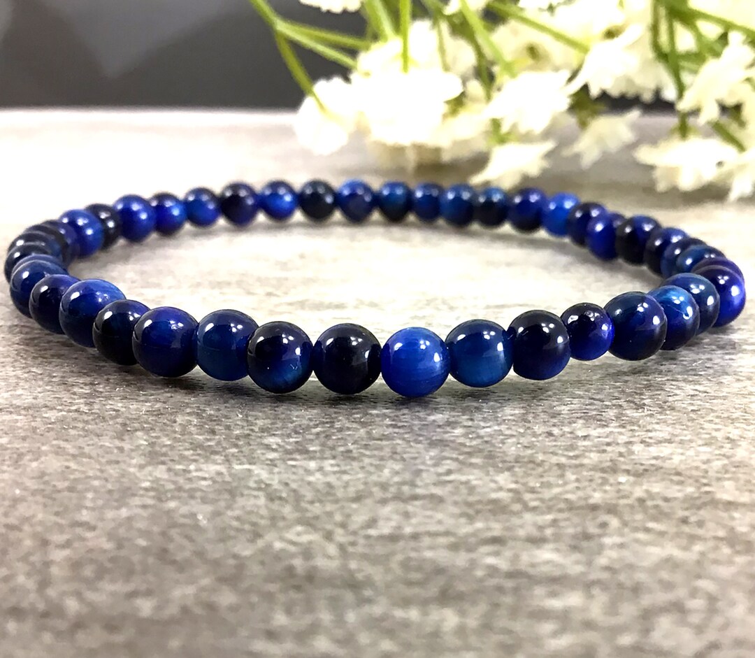 SEESEE YESGOODMARKETネイビー ストライプ 4mm Navy Blue Tiger Eye Bracelet: Anxiety Relief, Calming Stone - Etsy