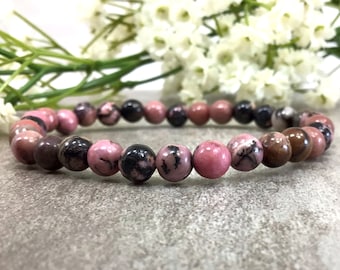 6mm Natural Pink Black Rhodonite Bracelet , Stretch Healing Calming Balancing Anxiety Relief Bracelet Gift