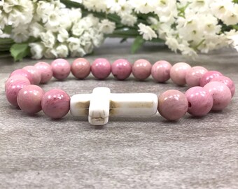 8mm Pink Rhodonite Beaded Bracelet with Howlite Cross Handmade Stretch Bracelet