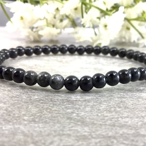 Genuine Black Obsidian Bracelet, High Quality Handmade Round Gemstone Stretch Bracelet 4mm