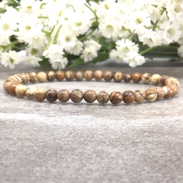 Brown Picture Jasper Beaded Bracelet Handmade 4mm Stretch Healing Anxiety Relief Protection Balancing Bracelet For Women And Men