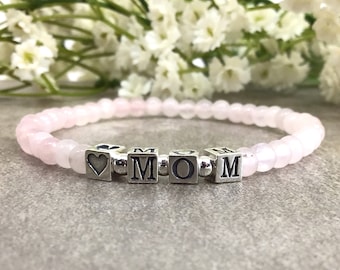 Rose Quartz Mom Bracelet Sterling Silver Letter Beads Healing Jewelry