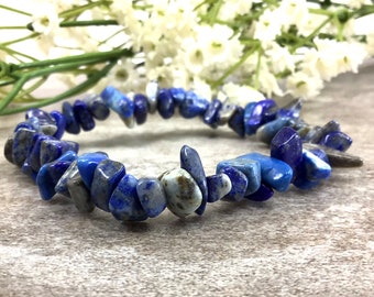 Natural Blue Lapis Chips Bracelet, Crystal Jewelry, Healing Anxiety Relief Balancing Calming Stretchy Bracelet For Women And Men