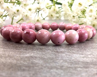 8mm Natural Pink Rhodonite Beads Stretch Bracelet, Rhodonite Jewelry, Healing Calming Balancing Anxiety Relief Bracelet Gift For Women