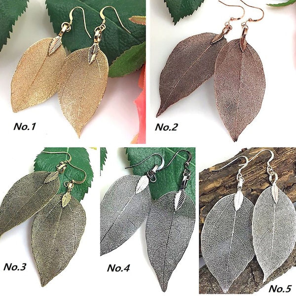 Genuine Leaf Earrings Real Leaf Earrings Dipped Leaves Jewelry Leaf Earrings, Gold, Silver, Gunmetal, Brass, Copper Earrings,Drop Dangle