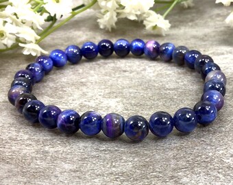 6mm Galaxy Purple Tigers Eye Bracelet, Healing Stone