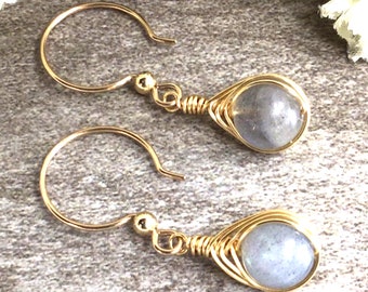 Labradorite Dangle Earrings, 14k Gold Filled Wire Wrapped Gemstone
