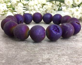 14mm Purple Druzy Agate Bracelet Healing Gemstone Stretchy Bracelet