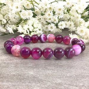 Pink Agate Beaded Bracelet Handmade 10mm Healing Balancing Stretchy Gemstone Bracelet Holiday Gift For Women And Men