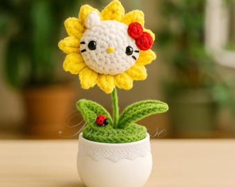 Handmade Crochet Sunflower Kitty Cute Amigurumi Plush Plant Desk Decor Gift for Her Kawaii Home Decoration
