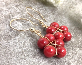 Red Coral Star Earrings, Sterling Silver 14k Gold filled Healing Stone Dangle Birthday Gift Mom Gift Wire Wrapped star earring