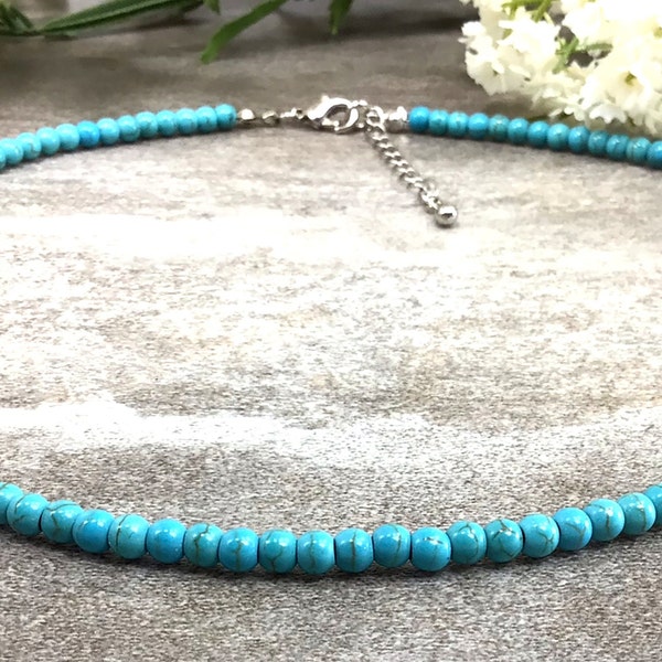 4mm Blue Magnesite Turquoise Necklace, Turquoise Jewelry, Healing balancing anxiety relief calming protection gift for women