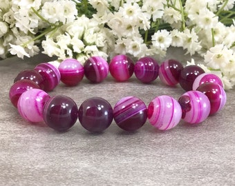 Pink Agate Beaded Bracelet Handmade 12mm Healing Balancing Stretchy Gemstone Bracelet Holiday Gift For Women And Men