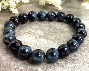 10mm Gray Blue Tigers Eye Bracelet, Healing Stone Jewelry