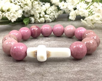 12mm Rhodonite Beaded Bracelet with Howlite Cross Pendant