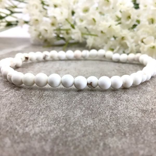 4mm White Magnesite Turquoise Bracelet, Healing anxiety relief protection calming stretchy gemstone bracelet for women Men