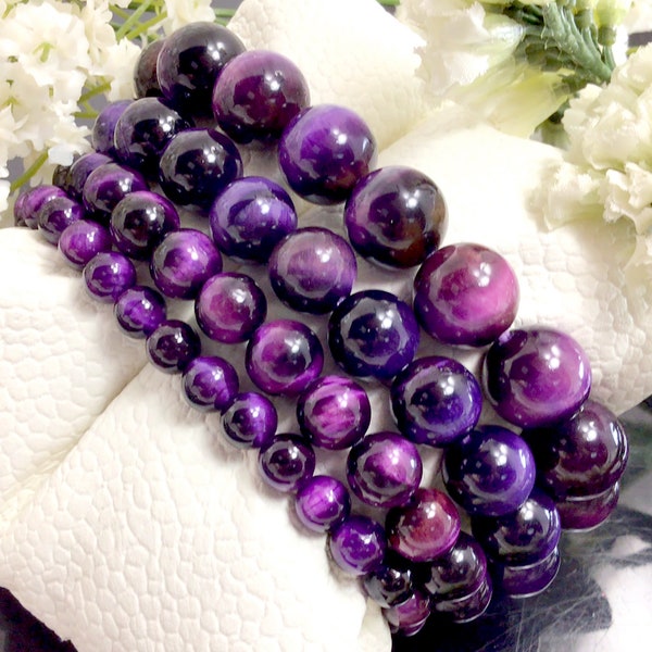 Purple Tigers Eye Beaded Bracelet Handmade Tigereye Stretch String Bracelet Anxiety Relief Protection Bracelet Women Men 6mm 8mm 10mm 12mm