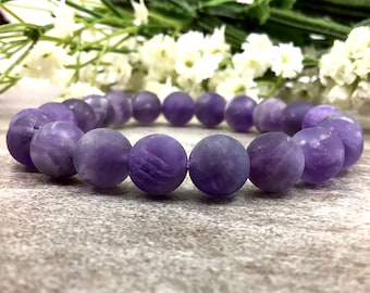 10mm Matte Purple Amethyst Bracelet, February Birthstone Bracelet, Amethyst Jewelry, Healing Crystal Elastic Bracelet, Women Bracelet