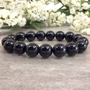 Natural Black Tourmaline Bracelet Jewelry Handmade Stretch 12mm Gemstone Bracelet Anxiety Relief Healing Protection Calming
