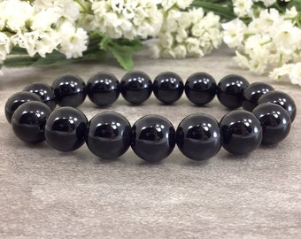 Black Tourmaline Bracelet Handmade 12mm Gemstone Bead Healing Anxiety Relief