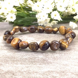 Natural Brown Tigers Eye Pebble Nugget Bracelet, TigerEye Stretchy Bracelet, Anxiety Relief Spiritual Healing Protection Bracelet For Women