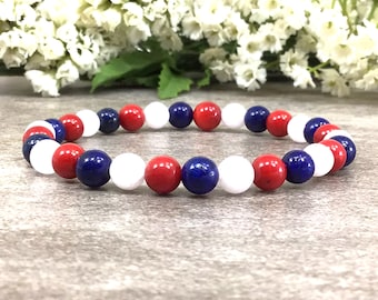 Bracelet en marbre naturel, lapis et corail de 6 mm, bijoux patriotiques bleu blanc rouge, bracelet de perles extensibles de protection de guérison Bracelet drapeau américain