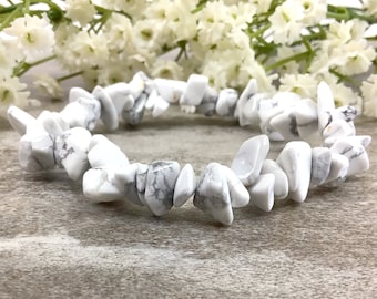White Howlite Chips Bracelet, Stretchy Gemstone Healing Bracelet