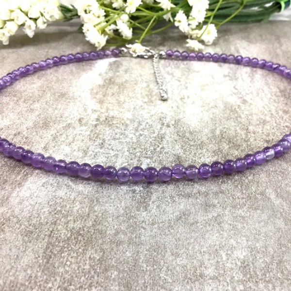 Natural Purple Amethyst Beaded 4mm Handmade February Birthstone Necklace Amethyst Reiki Jewelry Christmas Gift