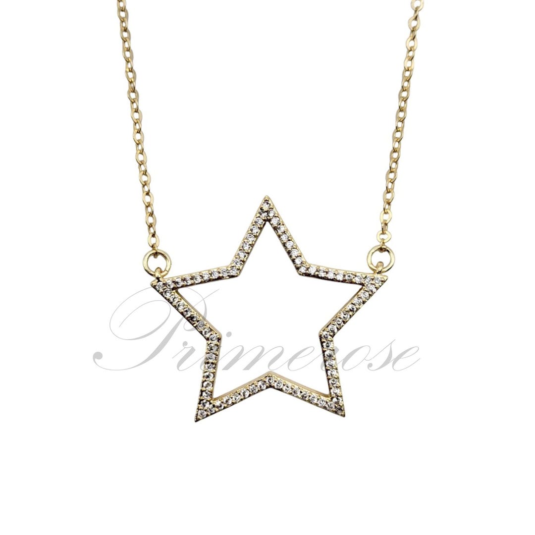 Star Chain Design Gold Plated Star Pendant Necklace With Cubic Zirconia Adjustable Chain ...