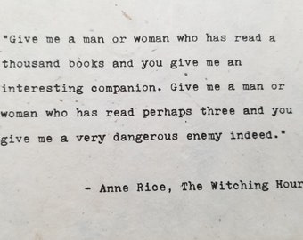 Handtyped "Thousand Books" Bibliophile Book Lover Quote Poem by Anne Rice , 4x6 in, Gift on Handmade Paper Deckled Edge, Typewriter