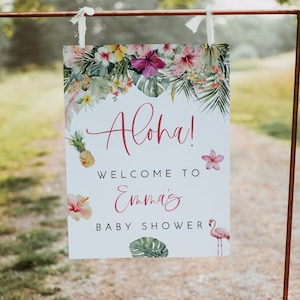 Aloha Baby Shower Welcome Sign Template, Luau Baby Shower Welcome Sign, Tropical Welcome Sign, Beach Baby Shower Pineapple Hibiscus 0242_116