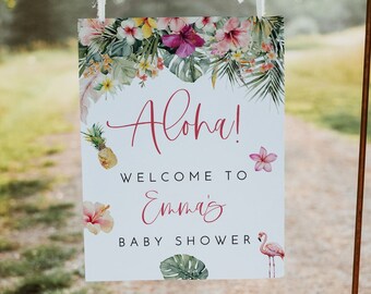 Aloha Baby Shower Welcome Sign Template, Luau Baby Shower Welcome Sign, Tropical Welcome Sign, Beach Baby Shower Pineapple Hibiscus 0242_116