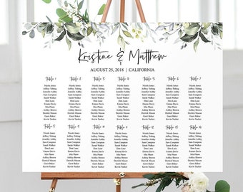 May include: A wedding seating chart with a white background and a green floral design at the top. The chart lists the names of guests assigned to each table number. The text at the top reads "Kristine & Matthew" and "August 25, 2018 | California".