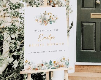 Tea Party Welcome Sign Template,  Bridal Shower Welcome Sign Printable, Floral Tea Party Bridal Shower Welcome Poster Spring Shower 0241_093