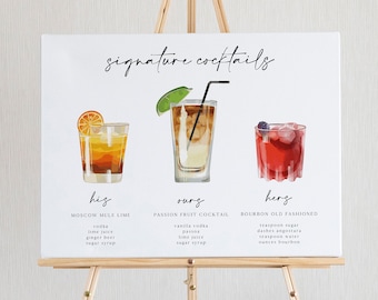 May include: A white sign with the text "signature cocktails" at the top. The sign features three illustrated cocktails with their names and ingredients listed below each image. The cocktails are named "his", "ours", and "hers". The sign is displayed on a wooden easel.