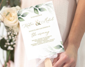 Wedding Fans, Printable Wedding Program Template, Greenery Wedding Program, Fan or Flat Program, Instant Download, Order of Service, 0195_08