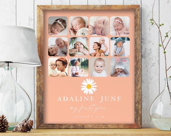 May include: A collage of photos of a baby girl in a peach-colored frame with a daisy and the text "ADALINE JUNE my first year AUGUST 1, 2024".