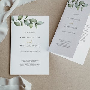 Greenery and Gold Folded Wedding Program Template, Boho Wedding Programs Templett, DIY Ceremony Program, Order of Service, 0505_03