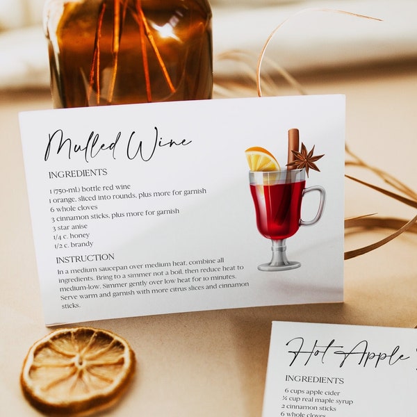 Drink Recipe Card, Mulled Wine Recipe,  Editable Holiday Cocktails Recipe Cards, DIY Christmas Drinks, Seasonal Recipe Cards, DIY 0230_069