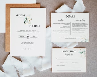 Modern Greenery Wedding Invitation, Greenery Wedding Invite, Minimalist Wedding Invite, Tropical Wedding, Beach Wedding Evite, 0161_01