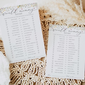 Wildflower zou mama liever babyshower spel, zou ze liever spel, wie kent mama het beste, bewerkbare sjabloon, direct downloaden, 0267