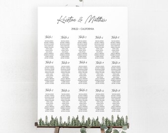 May include: A wedding seating chart with a forest theme. The chart is printed on white paper and features a handwritten font. The names of the guests are listed under each table number. The chart is framed by a green forest scene with pine trees.