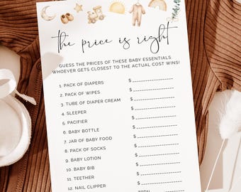 The Price Is Right Baby Shower Game Template, Boho Clothesline Baby Shower Activity, Editable Instant Download, 0287