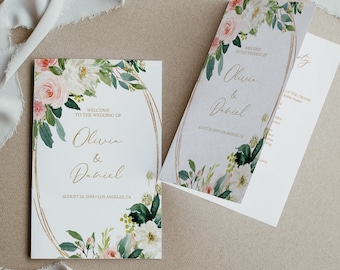 Fully Editable Folded Wedding Program Template, Floral Folded Ceremony Template, Gold Wedding Program Order Of Ceremony, Templett, 0202_03