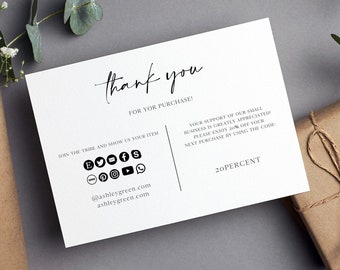 May include: White thank you card with black text that says "thank you" and "for your purchase!"  The card also includes social media icons and the text "@ashleygreen.com" and "ashleygreen.com". The card also includes the text "JOIN THE TRIBE AND SHOW US YOUR ITEM" and "YOUR SUPPORT OF OUR SMALL BUSINESS IS GREATLY APPRECIATED PLEASE ENJOY 20% OFF YOUR NEXT PURCHASE BY USING THE CODE: 20PERCENT".